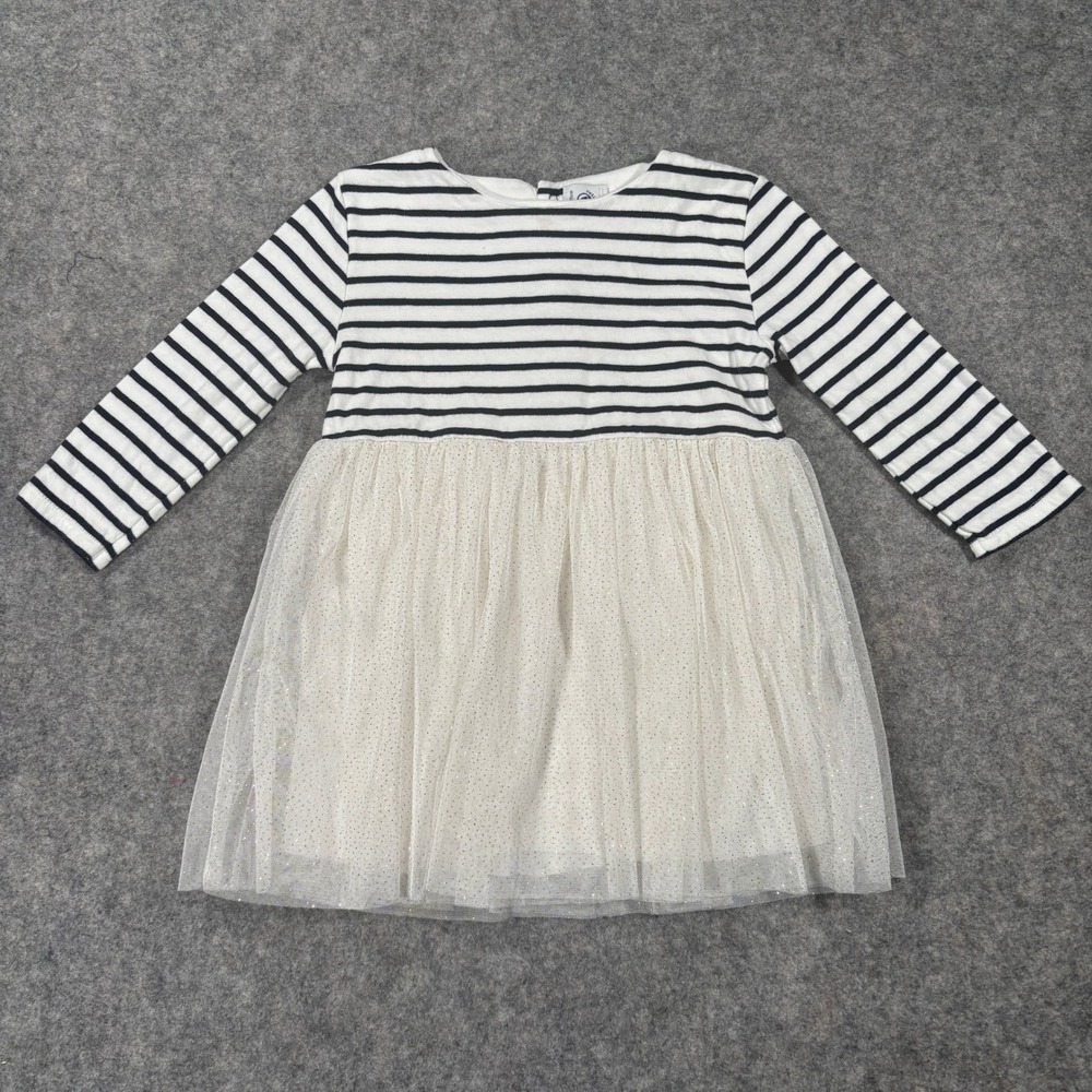 Petit Bateau Dress Toddler Girls 3T White Navy Striped Tulle Glitter Long Sleeve